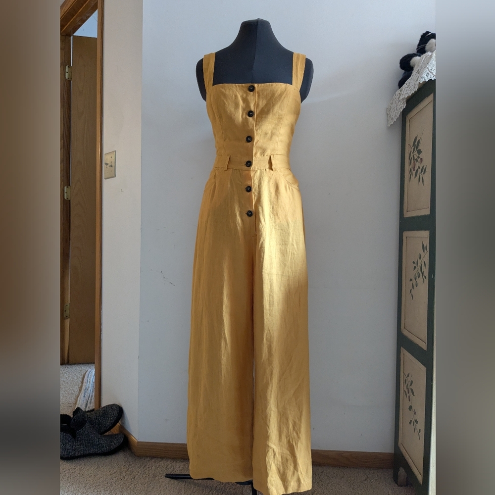 Reformation Women’s Gold Tyler 100% Linen Strap Button Front Jumpsuit- Size 4